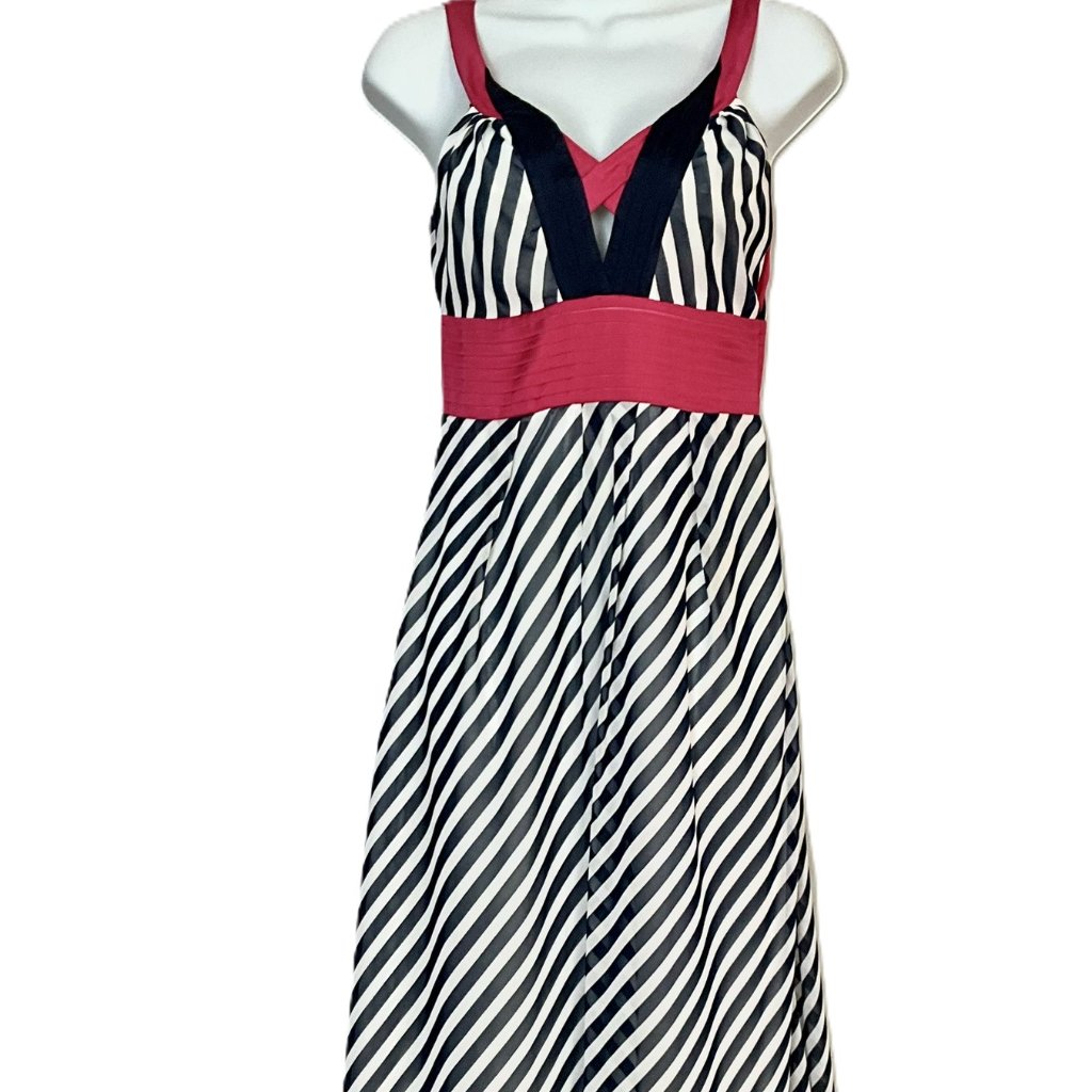 Sassofono Silk Maxi Dress Navy White Striped V-Neck Empire Waist Lined Size 38